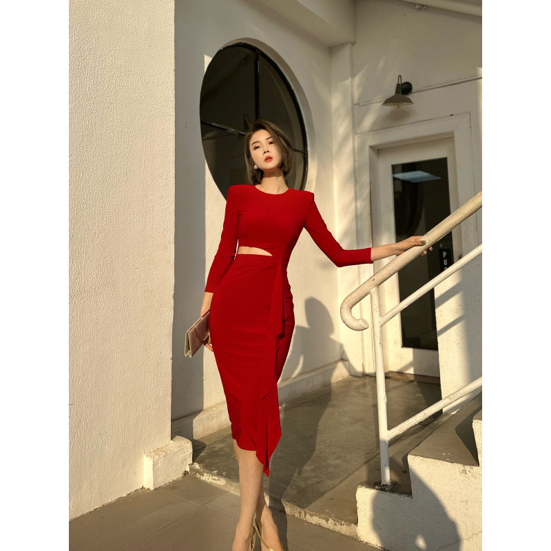 XULU原创纯色水晶麻纱镂空露腰简约气质修身木耳边长袖圆领连衣裙,女装/女士精品,连衣裙,淘宝优惠券,粉丝福利购,淘宝优惠卷