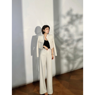 两件套装 西服外套白色优雅高腰阔腿裤 长袖 XULU原创梭织老钱风短款