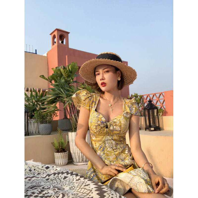 XULU原创流行年高定版富丽绉印花方领长裙高腰显瘦性感露背连衣裙