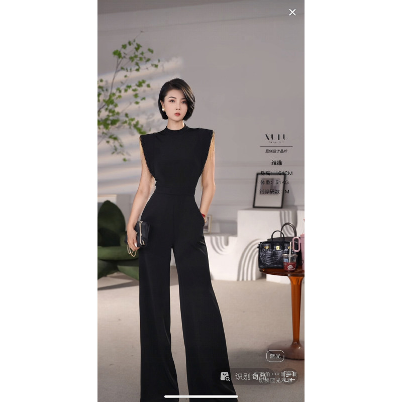 XULU原创夏季醋酸法式无袖流苏垫肩气质黑色修身显瘦圆领连体裤