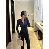 XULU原创秋季 上衣 打底衫 美利诺慕斯绒气质修身 褶皱交叉V领长袖