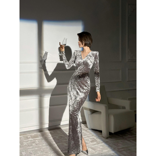 V领连衣裙 直角肩高腰长袖 XULU原创高级灰丝绒压花时尚 气质修身