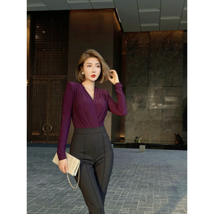 长袖 气质百搭修身 V领连体上衣 打底衫 XULU原创初秋水晶麻纯色时尚