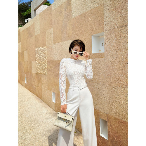 XULU原创新款气质立体高级蕾丝白色打底衫高定圆领长袖连体上衣