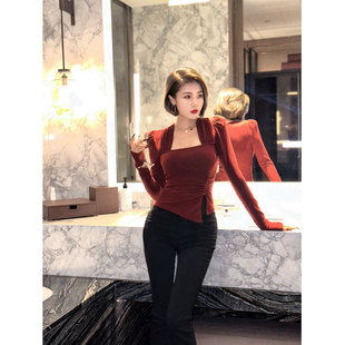 打底衫 XULU原创简约气质慕斯绒修身 长袖 短款 纯色上衣方领泡泡袖
