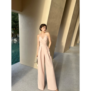 XULU原创夏季 轻薄抗皱舒适珊瑚粉小V领抹胸吊带收腰阔腿连体裤