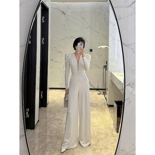 连体裤 高腰泡泡袖 白色醋酸空气层性感网纱深V长袖 XULU原创新款