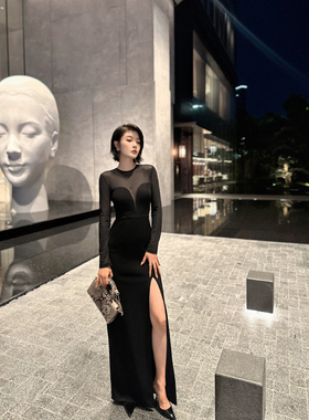 XULU原创秋季黑色醋酸拼接网纱性感包臀裙轻奢气质高开叉连衣裙