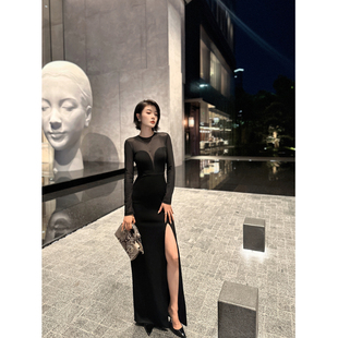 XULU原创秋季 黑色醋酸拼接网纱性感包臀裙轻奢气质高开叉连衣裙