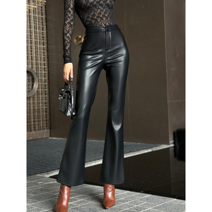 XULU原创植物蛋白皮麂皮绒黑色显瘦百搭高腰休闲弹力微喇长裤