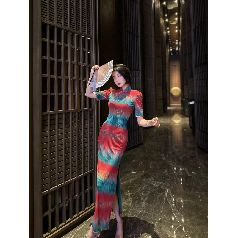 XULU原创夏季氨纶网烫金印花时髦新中式复古短袖开叉旗袍连衣裙