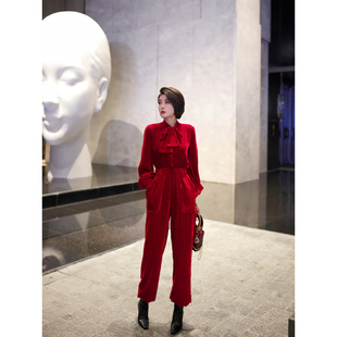 松紧连体裤 XULU原创新款 泡泡袖 轻奢系带高腰修身 红色真丝绒法式