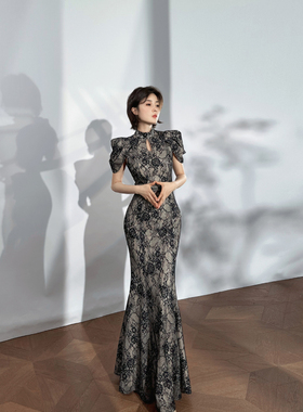 XULU原创高级镂空蕾丝复合旗袍气质高端新款公主袖收腰包臀连衣裙