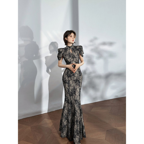 XULU原创高级镂空蕾丝复合旗袍气质高端新款公主袖收腰包臀连衣裙