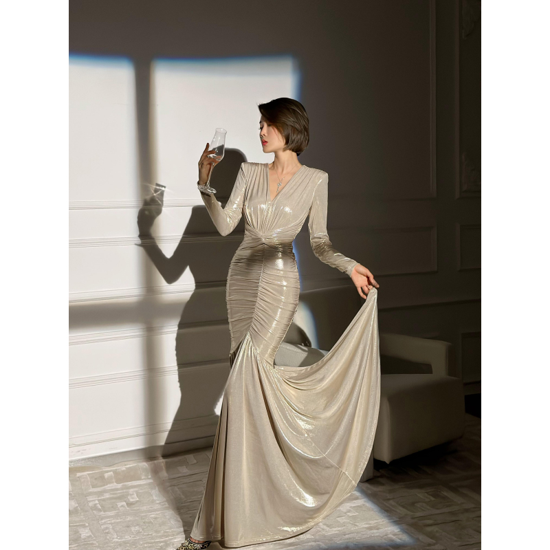 XULU原创针织烫金褶皱显瘦纽结性感包臀裙优雅长袖V领鱼尾连衣裙