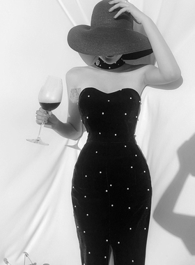 XuLu定制夏季新款女挂脖抹胸金丝绒年会裙part裙包臀范黑色