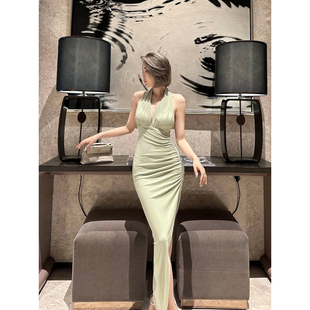 连衣裙 无袖 XULU原创夏季 高定纯色水晶麻纱简约气质显瘦高腰挂脖式