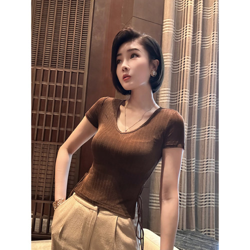 XULU原创夏季醋酸纯色百搭打底衫复古女人味系绳收腰V领短袖上衣