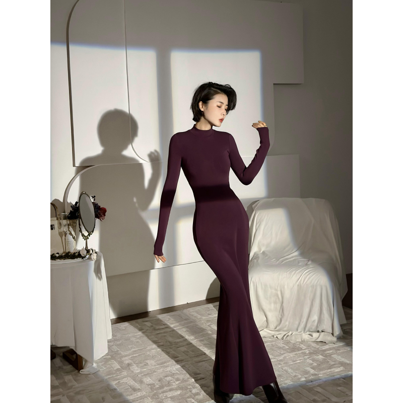 XULU原创秋冬美利诺羊绒针织紫色长款鱼尾裙优雅收腰半高领连衣裙