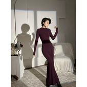 XULU原创秋冬美利诺羊绒针织紫色长款 鱼尾裙优雅收腰半高领连衣裙