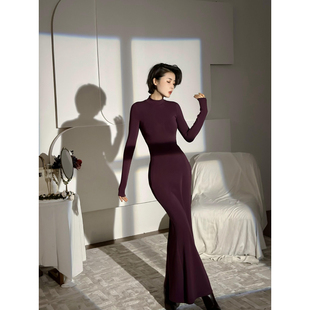 XULU原创秋冬美利诺羊绒针织紫色长款 鱼尾裙优雅收腰半高领连衣裙