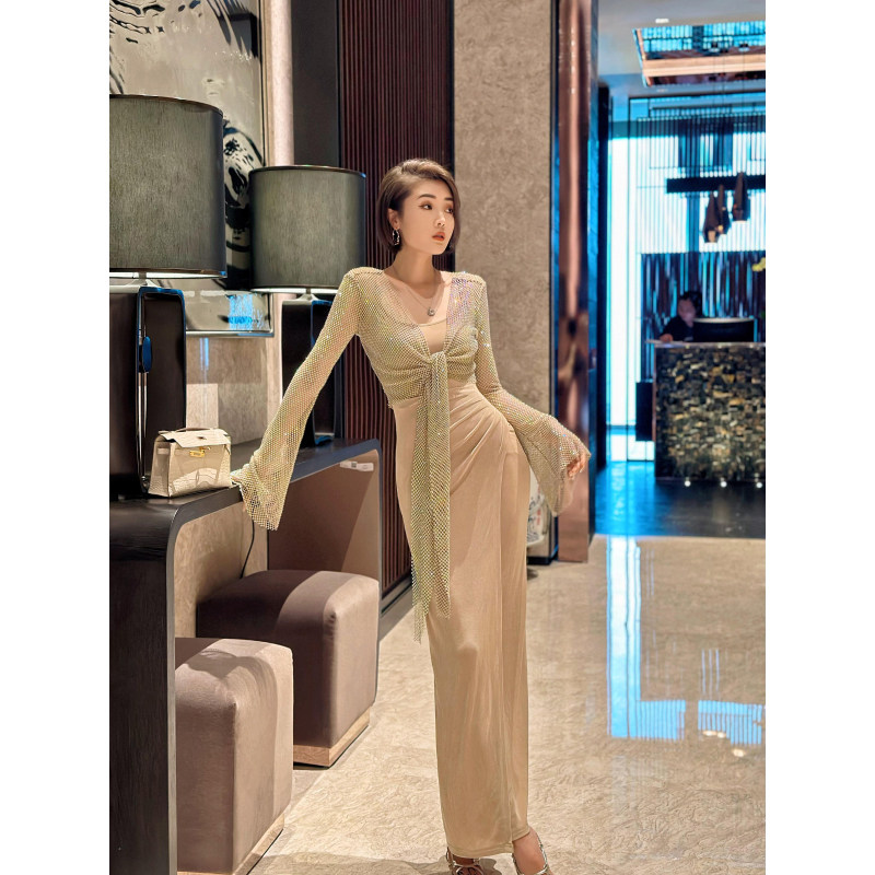 XULU原创醋酸拼接烫钻网半透绑带开衫气质修身吊带连衣裙两件套装,女装/女士精品,时尚套装,淘宝优惠券,粉丝福利购,淘宝优惠卷