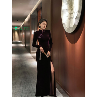 XULU原创进口丝绒复古紫斜襟立领旗袍高开叉修身 气质包臀连衣裙