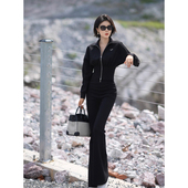 罗马纹美式 立领拉链短款 小外套高弹微喇长裤 XULU原创秋季 两件套装