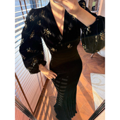 XULU原创气质丝绒拼接压花V领泡泡袖 上衣修身 性感包臀半身鱼尾裙