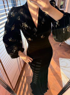 XULU原创气质丝绒拼接压花V领泡泡袖上衣修身性感包臀半身鱼尾裙