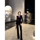 XULU原创秋冬轻奢进口丝绒紫色拼接性感修身 显示直角肩V领连体裤