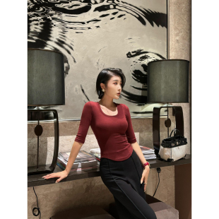 XULU原创美利诺慕斯绒修身 不规则下摆上衣 百搭上衣气质圆领五分袖