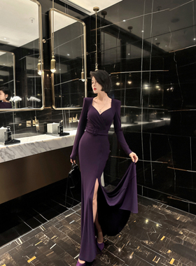 XULU原创秋冬紫色水晶麻气质优雅修身直角肩桃心领长袖鱼尾连衣裙