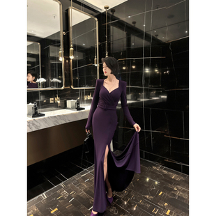 XULU原创秋冬紫色水晶麻气质优雅修身 鱼尾连衣裙 直角肩桃心领长袖