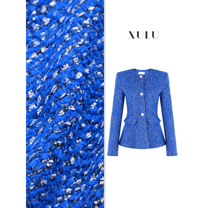 XULU原创秋冬新款粗花呢亮丝优雅精致宝蓝圆领收腰短款小香风外套