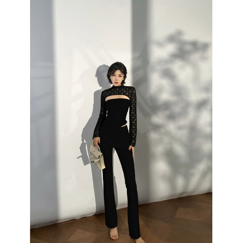 XULU原创新款黑色性感镂空蕾丝拼接亲肤棉喇叭袖上衣修身微喇长裤