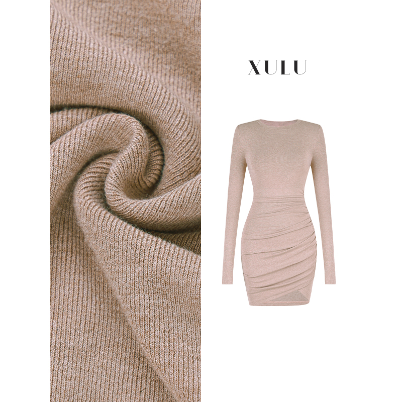XULU原创秋季纯色人棉性感包臀裙休闲修身褶皱高腰长袖圆领连衣裙