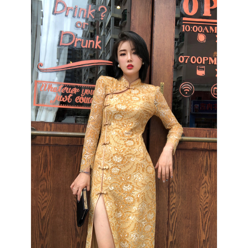 xulu原创流行初秋新款旗袍改良版连衣裙气质优雅复古金色镂空长裙