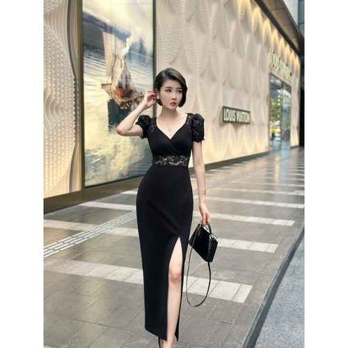 XULU原创人棉针织桃心领短袖性感镂空包臀裙优雅显瘦中长款连衣裙