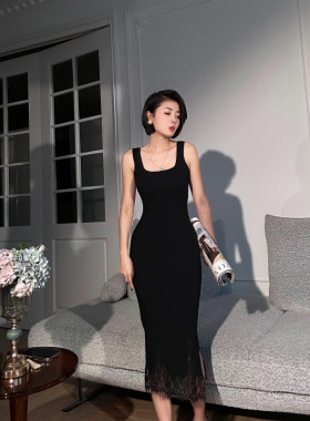 XULU原创夏季针织黑色性感蕾丝边背心裙气质修身无袖方领连衣裙