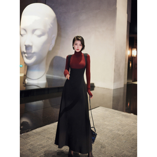 XULU原创简约纯色罗马布法式 吊带A字连衣裙 复古气质收腰弹力长款