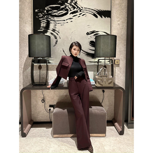 气质高腰阔腿裤 XULU原创新款 西服外套时尚 长袖 两件套 老钱风短款