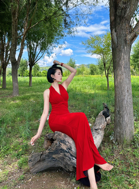 XULU原创红色水晶麻纱赫本风时尚包臀裙气质高腰V领无袖连衣裙