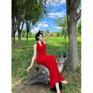 XULU原创红色水晶麻纱赫本风时尚 连衣裙 包臀裙气质高腰V领无袖