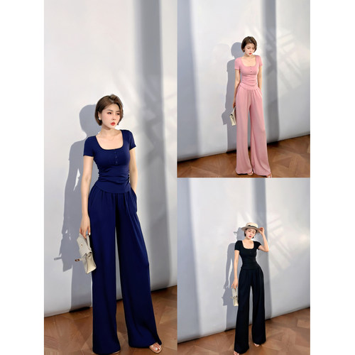 XULU原创小众正肩U领棉T恤短款上衣休闲宽松弹力阔腿裤两件套装