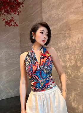 XULU原创夏季抽象花网布印花高阶涂鸦风性感挂脖露背无袖系带上衣