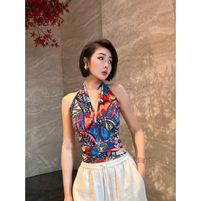 XULU原创夏季抽象花网布印花高阶涂鸦风性感挂脖露背无袖系带上衣