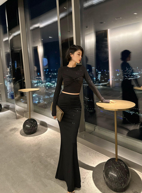 XULU原创秋季水晶麻烫金气质黑色修身上衣性感长款包臀裙两件套装