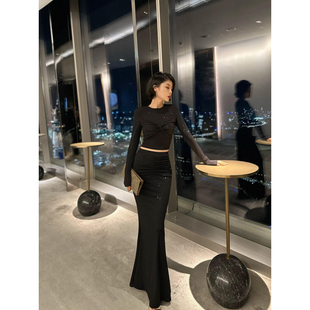包臀裙两件套装 上衣性感长款 水晶麻烫金气质黑色修身 XULU原创秋季
