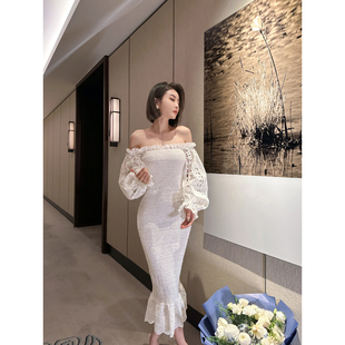 XULU原创进口重工刺绣精梳棉打揽气质显身材长袖 一字肩鱼尾连衣裙